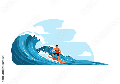 Surfer Riding a Large Ocean Wave on a Sunny Day.