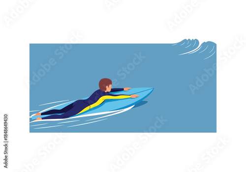 Surfer Paddling on Blue Board in Ocean Waves.