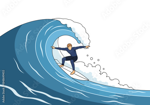 Surfer Riding a Large Blue Wave with White Foam.