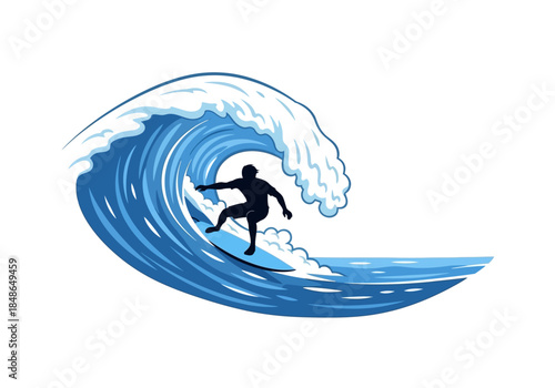 Surfer Silhouette Riding a Blue Ocean Wave.