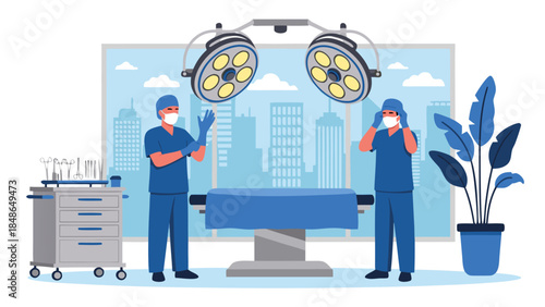 Two surgeons preparing for an operation in a modern operating room with city view background.