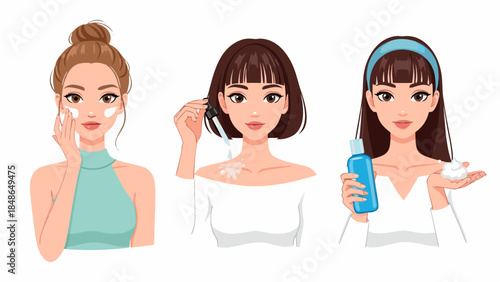 Three women demonstrating various steps of a daily skincare routine including applying cream, serum, and toner.