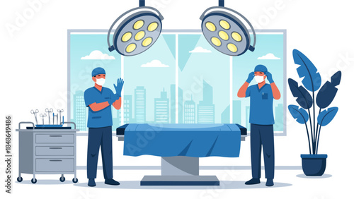 Two medical professionals in scrubs and masks preparing for surgery in a modern operating room with surgical lights and city view.