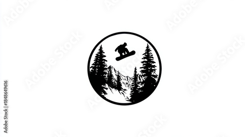 Snowboarder silhouette soaring through the air in a winter mountain scene. Graphic illustration captures the thrill of snowboarding in snowy mountain landscape, perfect for winter sports enthusiasts