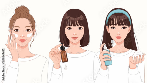 Three young women demonstrating a multi-step skincare routine with various beauty products.