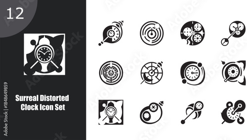 Surreal Distorted Clock Icon Set - Abstract Melting and Warped Timepiece Illustrations Pack