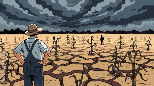 A farmer surveys his parched, cracked field with dead crops under a dark, ominous sky, symbolizing drought and agricultural crisis.
