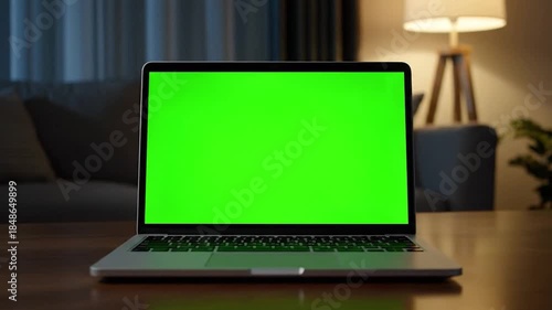 Wallpaper Mural Laptop with a green screen sits on a table indoors in soft light Torontodigital.ca