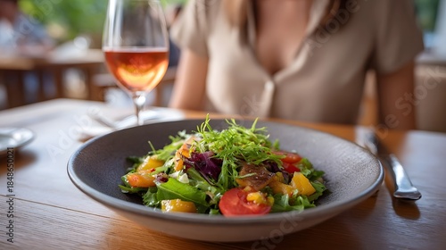 Wallpaper Mural Vibrant healthy salad with fresh greens fruit and tomatoes accompanied by a glass of rosu00e9 wine Torontodigital.ca