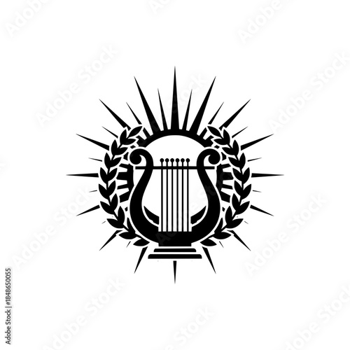 Ancient Lyre Harp Symbol with Sun Rays Silhouette