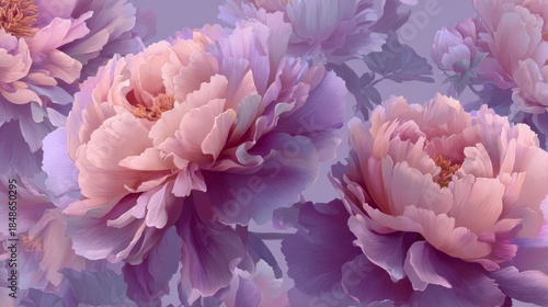 Stylized Peonies with Subtle Gradients on Pastel Lilac Background Floral Art