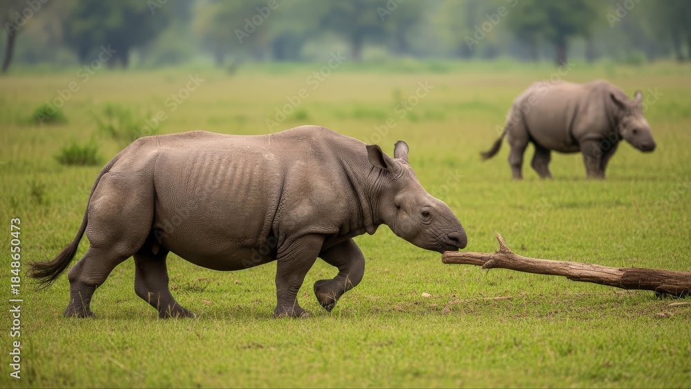 Fototapeta premium Two Rhinoceros Walking in Green Field.