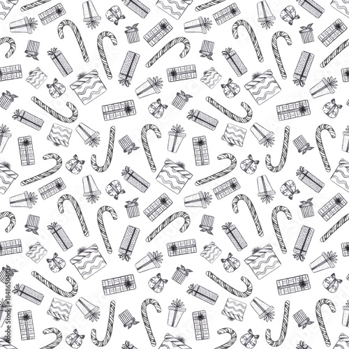 Hand drawn black charcoal pencil graphic drawing of presents boxes and candy cane seamless pattern isolated on white background. Can be used for textile, fabric and other printed products