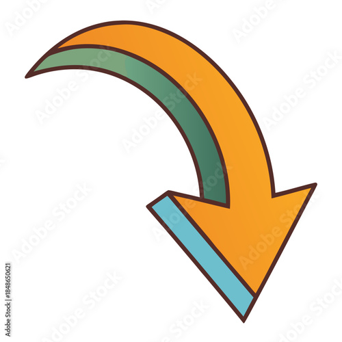 A curved arrow design featuring two parallel arcing bands that sweep downward and to the right, ending in a pointed arrowhead. 