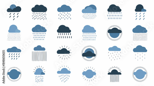 Collection of various weather icons including sun, clouds, rain, snow, and storm symbols