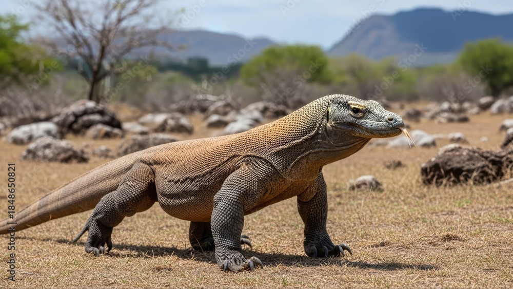 Obraz premium Komodo Dragon Standing in Dry Landscape.