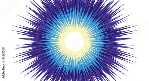 An abstract, vibrant radial burst of blue, purple, and yellow light radiates outward, creating an energetic, spiky explosion of color against a clean white background.