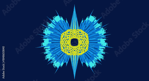 This captivating abstract digital artwork showcases a complex yellow centerpiece with sharp, radiating blue elements, creating a visually striking and modern graphic design.
