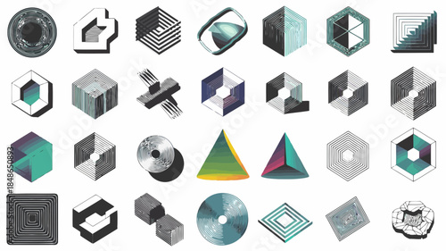 Collection of geometric shapes and patterns in various colors and styles, including hexagons, triangles, and abstract designs