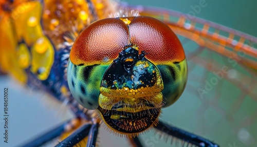 A vibrant macro photograph of a dragonflys head detailing its large multicolored compound eyes and textured face