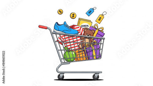 Full shopping cart overflowing with groceries gifts and a shoe representing consumerism and retail isolated on white background