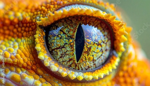 An extreme closeup of a reptiles eye showing a vertical slit pupil a multicolored iris and vibrant orange and yellow scales
