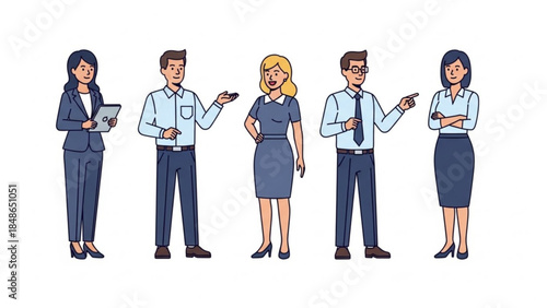 Diverse business team professional people in flat design concept for corporate presentation teamwork and office life isolated on white