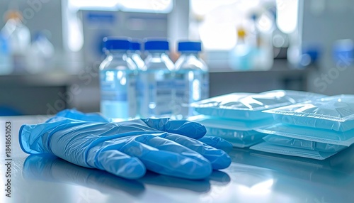 Blue disposable gloves on a metal table in a sterile lab Blurred bottles and sealed packages are visible in the background