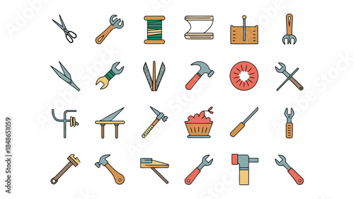 Assorted tools and equipment icons including hammers, wrenches, pliers, and saws, illustrated in a flat design style