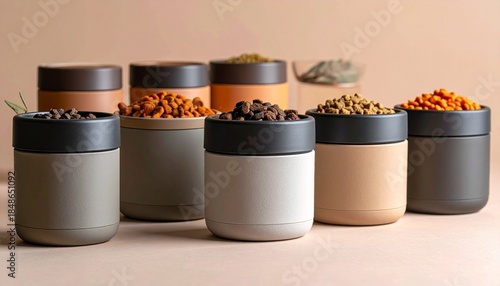 Modern cylindrical canisters in muted earth tones sit on a beige surface each filled with a variety of colorful dry pellets