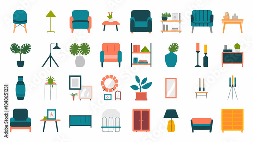 Colorful illustration of various furniture items including chairs, tables, lamps, and plants arranged in a modern living room setting