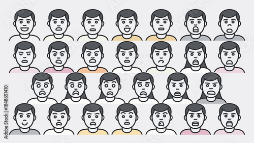 Various cartoon faces showing different emotions and expressions, isolated on