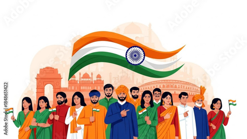 Unity in Diversity: A vibrant illustration showcasing the rich cultural tapestry of India, where people from diverse backgrounds come together united under the national flag.