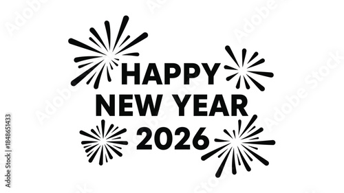 Festive new year celebration with fireworks and text in black silhouette