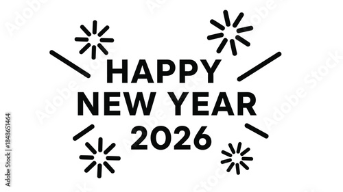 Happy new year 2026 celebration with fireworks and text a dark silhouette
