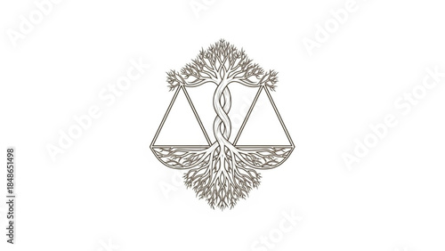 Justice and Nature's Balance: A symbolic representation of justice intertwined with the natural world, featuring scales integrated with a flourishing tree.