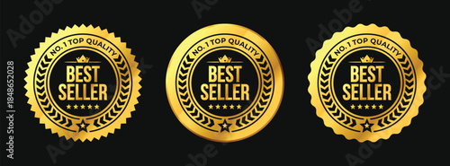 Best seller gold circle badge set. Black and gold premium quality award label vector with stars, crown, and laurel wreath. For icon, logo, sign, symbol, sticker, tag, seal, stamp