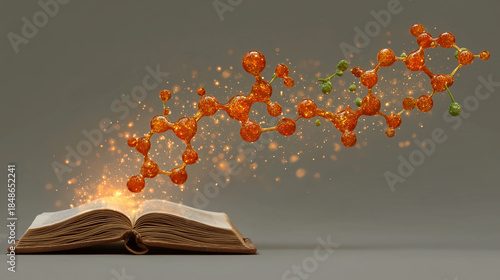 Discovery within the Pages: An open book, the source of knowledge, releases a vibrant molecular structure, symbolizing the unfolding of scientific insights and the revelation of complex compounds.