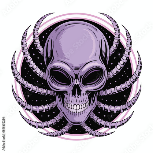 Purple demon skull with horned spiked frame.