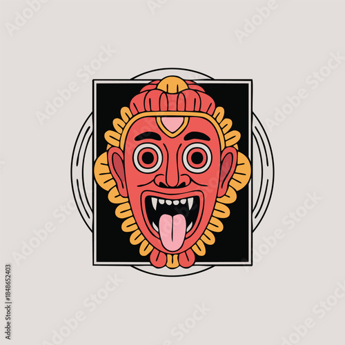 Red demon mask with protruding tongue and fangs.