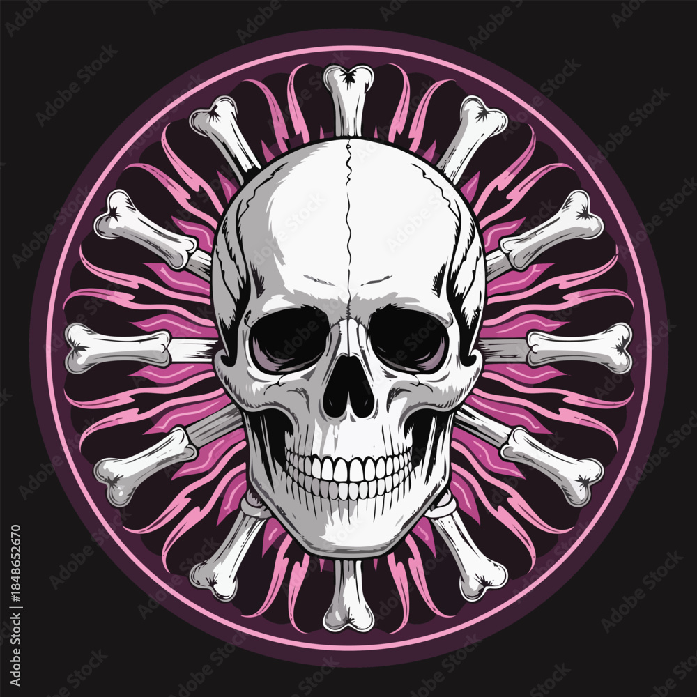 Fototapeta premium Skull with Radiating Bones Circular Emblem.