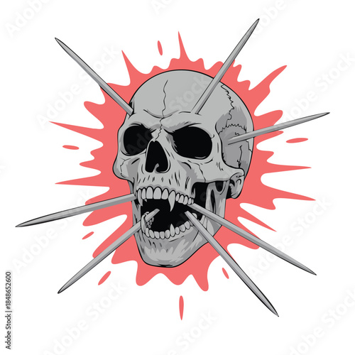 Skull pierced by multiple spikes illustration.