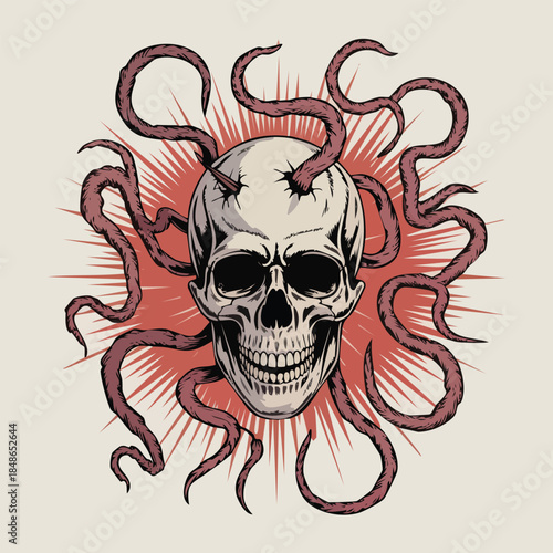 Skull with curling tentacles illustration design.