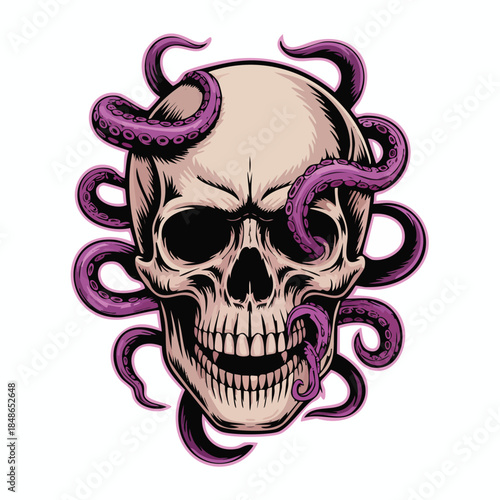 Skull with Purple Tentacles An Intricate Nightmarish Illustration.