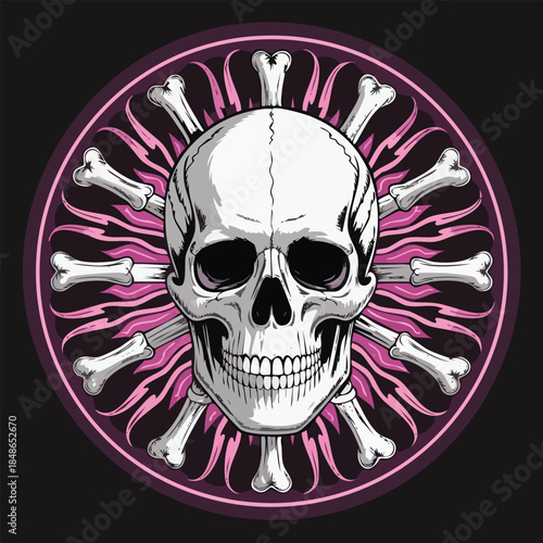 Skull with Radiating Bones Circular Emblem.