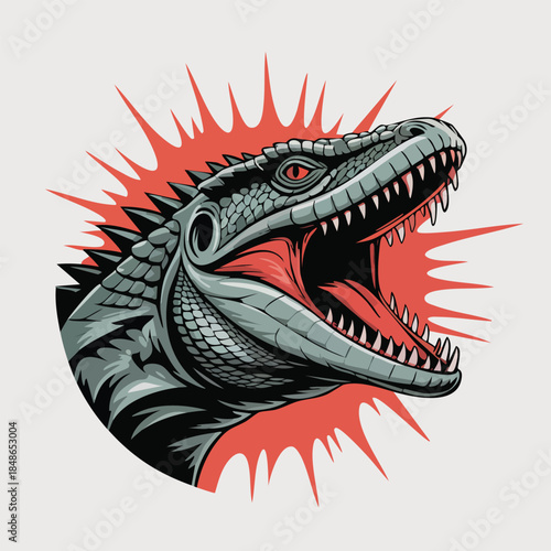 Tyrannosaurus head illustration with open jaw.