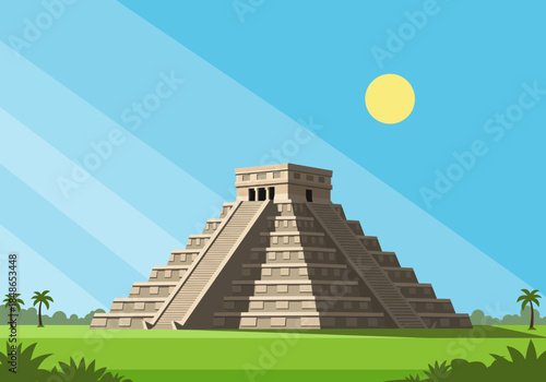 Chichen Itza Pyramid Illustration with Blue Sky and Sun.