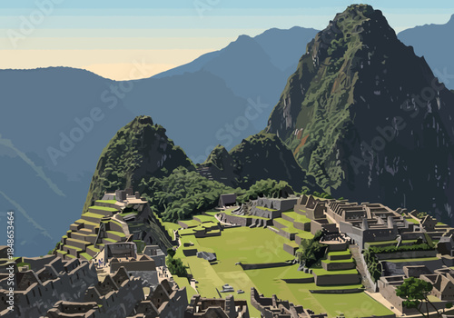 Machu Picchu Ancient City Ruins in Peru with Mountain Backdrop.