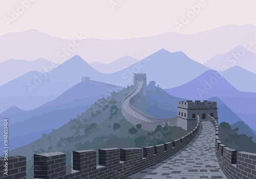 The Great Wall of China winding through mountainous landscape illustration.