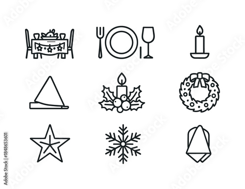 Holiday Doodle Icons. Holiday doodle elements. Line outline icon set of Holiday doodle elements: snowman,